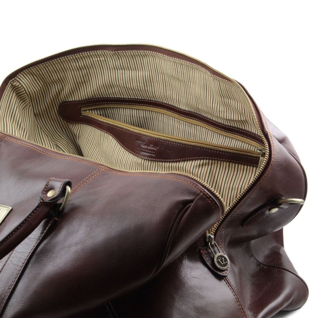 Tuscany Leather TL Voyager Travel Leather Duffle Bag with Pocket On The Back Side Small Size Brown