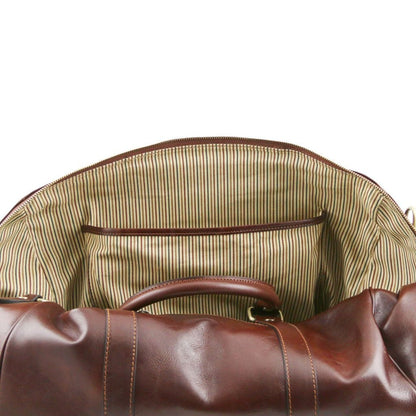 Tuscany Leather TL Voyager Travel Leather Duffle Bag with Pocket On The Back Side Small Size Brown