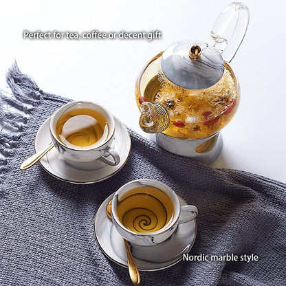 Marbled Ceramic Tea Set | Glass Teapot with Ceramic Cups, Saucers, Candle Teapot Warmer + Spoons and Cup Holder - Premium  - Shop now at San Rocco Italia