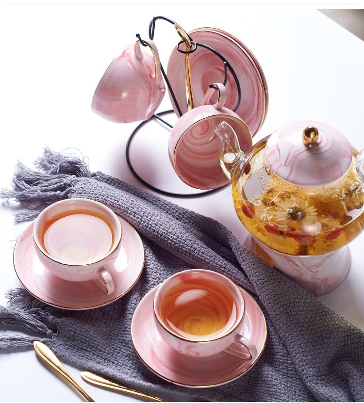Marbled Ceramic Tea Set | Glass Teapot with Ceramic Cups, Saucers, Candle Teapot Warmer + Spoons and Cup Holder -  - San Rocco Italia