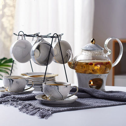 Marbled Ceramic Tea Set | Glass Teapot with Ceramic Cups, Saucers, Candle Teapot Warmer + Spoons and Cup Holder -  - San Rocco Italia