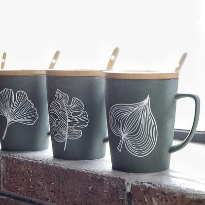 Large Botanical Themed Coffee/Tea Mugs With Wooden Lid and Spoon | 350 ml and 520 ml - Mugs -  sanroccoitalia.it