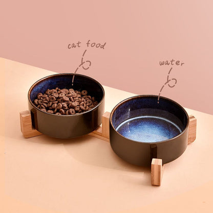 Matte Ceramic Pet Food Bowls with Wooden Holder - San Rocco Italia
