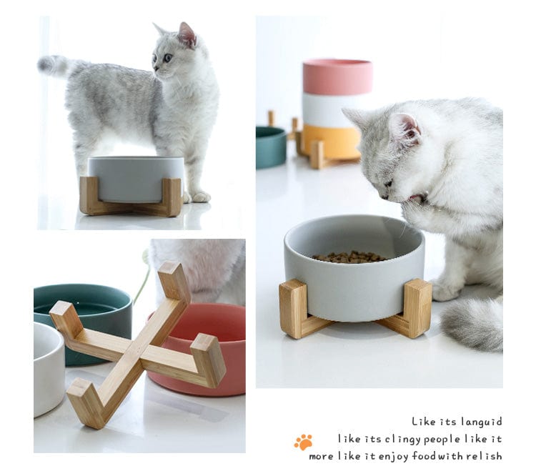 Matte Ceramic Pet Food Bowls with Wooden Holder - Premium Pet Bowls, Feeders & Waterers - Shop now at San Rocco Italia