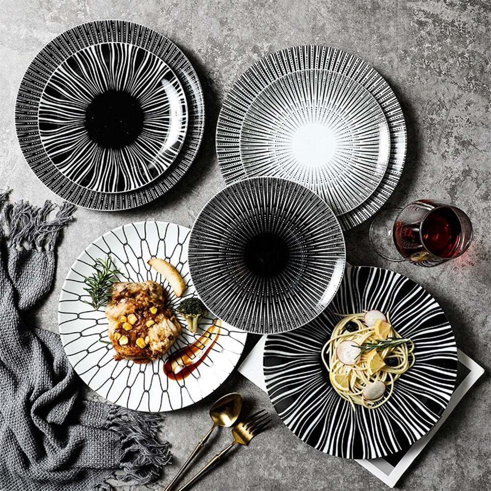 Black and White Geometric Ceramic Dessert Salad and Dinner Plates 21 cm and 27.5 cm