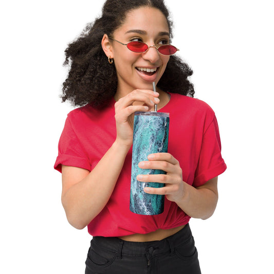 Tumblers Turquoise, Blue, and Green Stainless Steel 20 oz Skinny Tumbler (600 ml) | Ebru Water Marbled Design San Rocco Italia