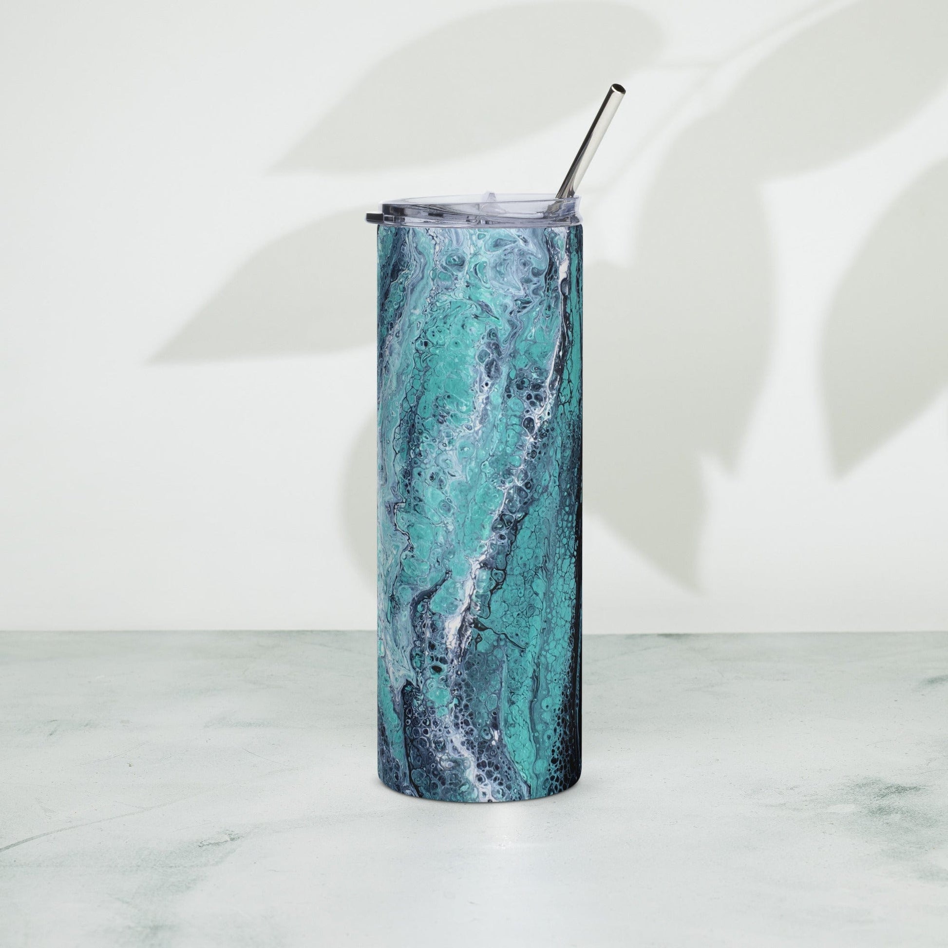 Turquoise, Blue, and Green Stainless Steel 20 oz Skinny Tumbler (600 ml) | Ebru Water Marbled Design -  - San Rocco Italia