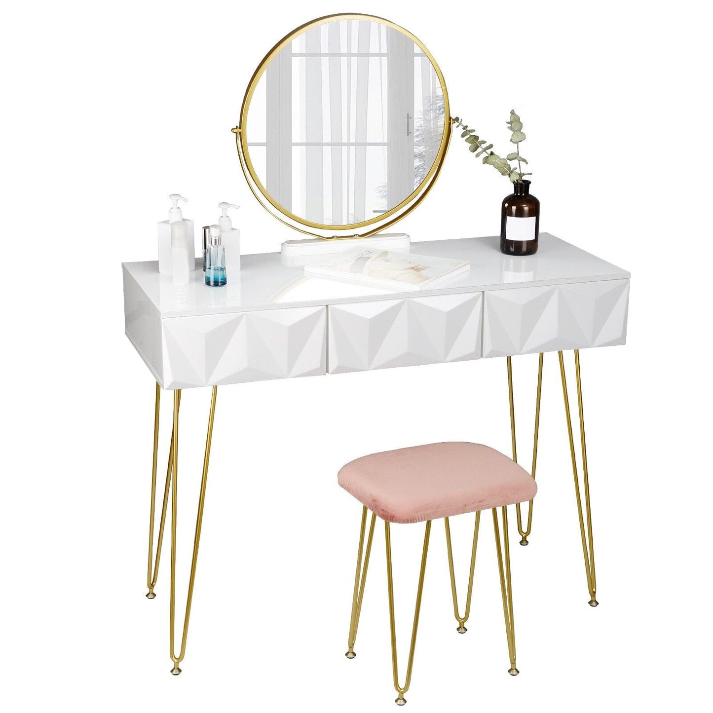 White and Gold Modern Dressing Table with 360° Swivel Mirror and Velvet Stool - Premium  - Shop now at San Rocco Italia