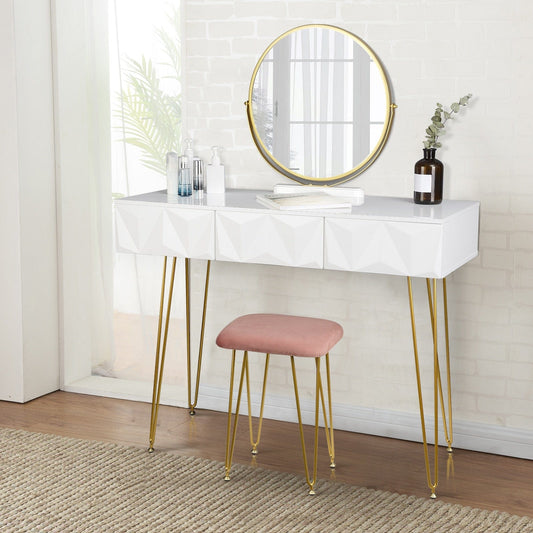 White and Gold Modern Dressing Table with 360° Swivel Mirror and Velvet Stool -  - San Rocco Italia